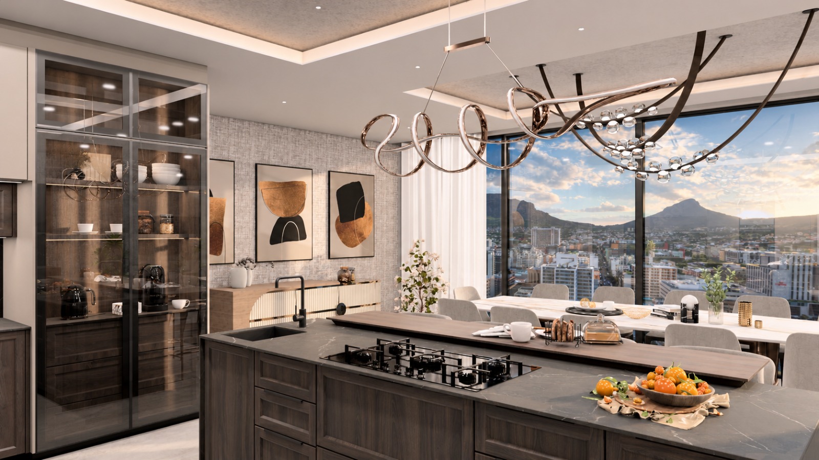 Island and dining with city views
