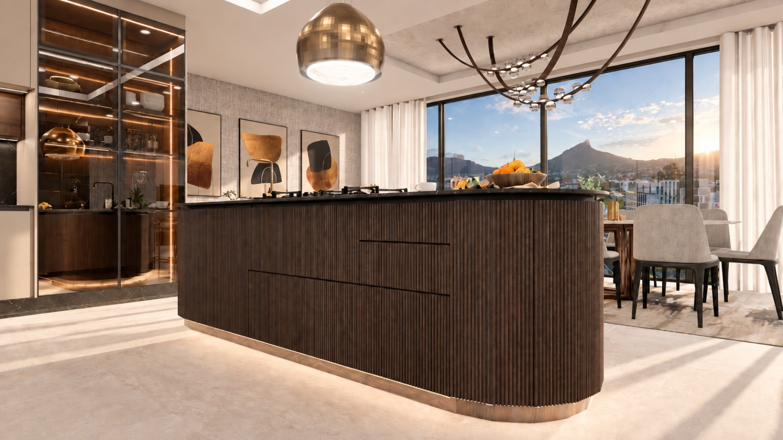 Island elevation with display cabinetry beyond