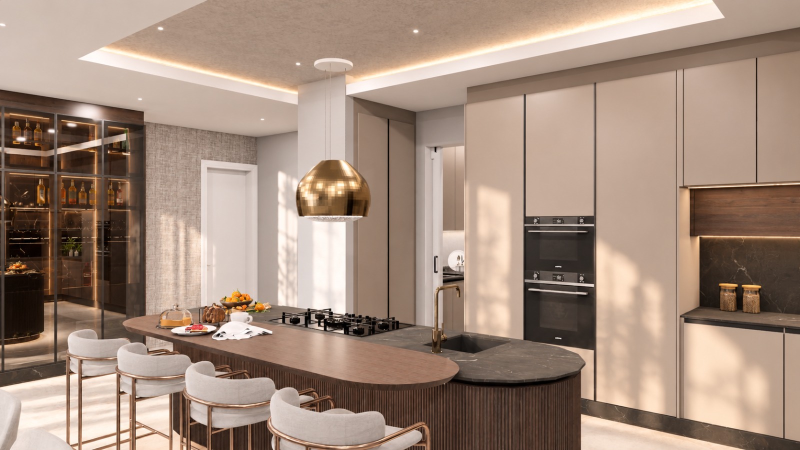 Island, oven bank and tall storage