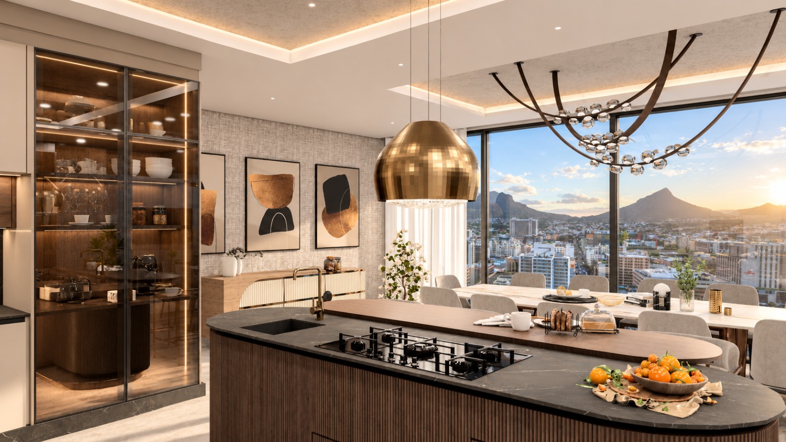 Unit 7 kitchen — curved island with brass pendant and mountain view