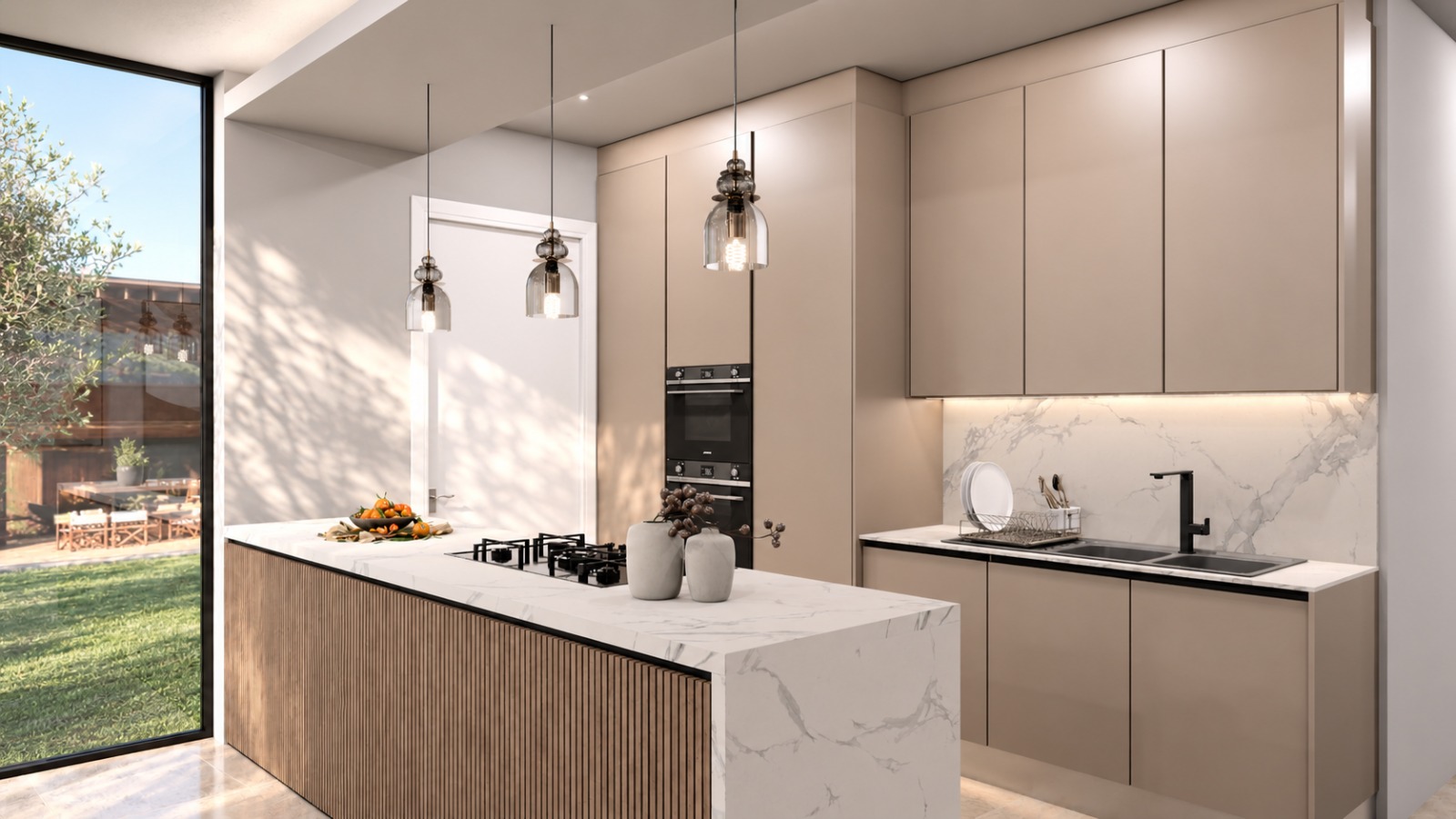 Island with waterfall stone and fluted timber panelling