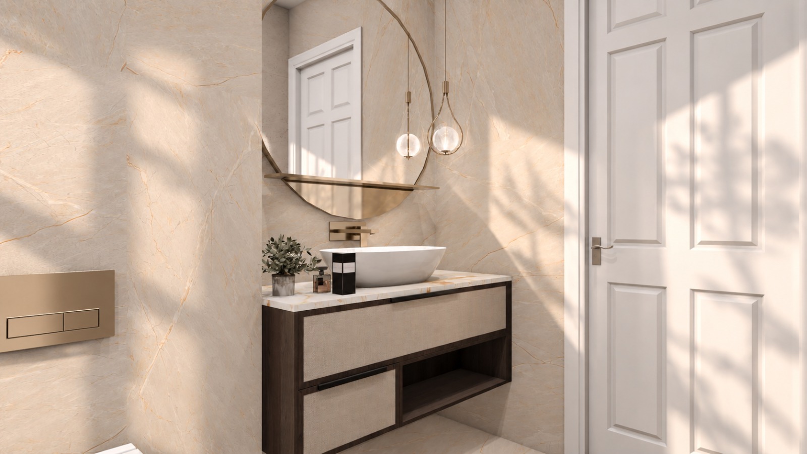 Guest bathroom — floating vanity with pendant lighting