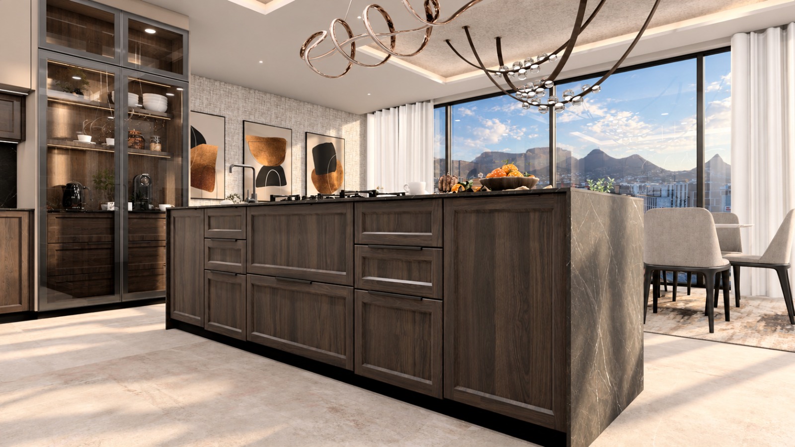 Cooking island with the display cabinet beyond