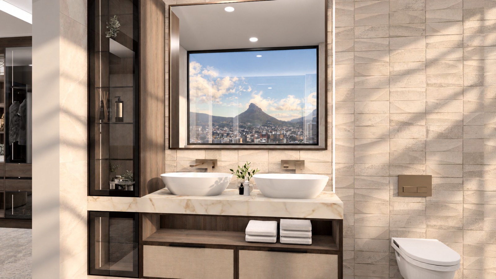 Bathroom — vanity with arched mirror and terrazzo tiling
