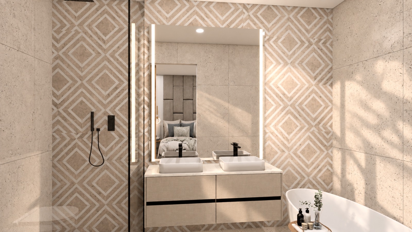 Main en-suite — double vanity with back-lit mirror