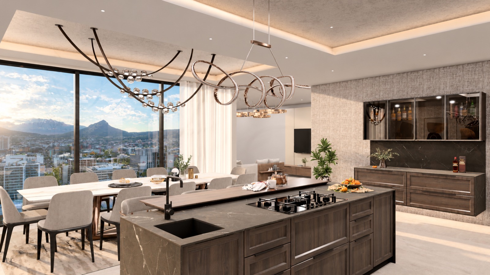 Island with dark stone and raised timber breakfast ledge