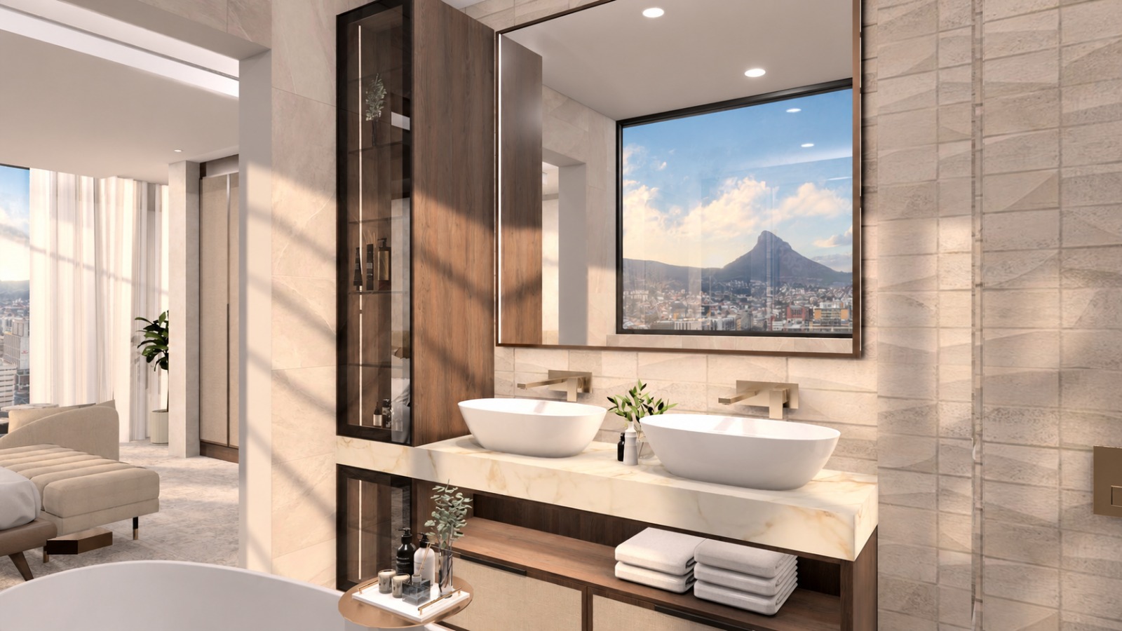 Main en-suite — double vanity with mountain view