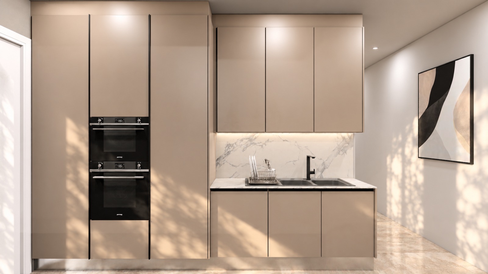 Tall cabinetry with integrated ovens and sink run