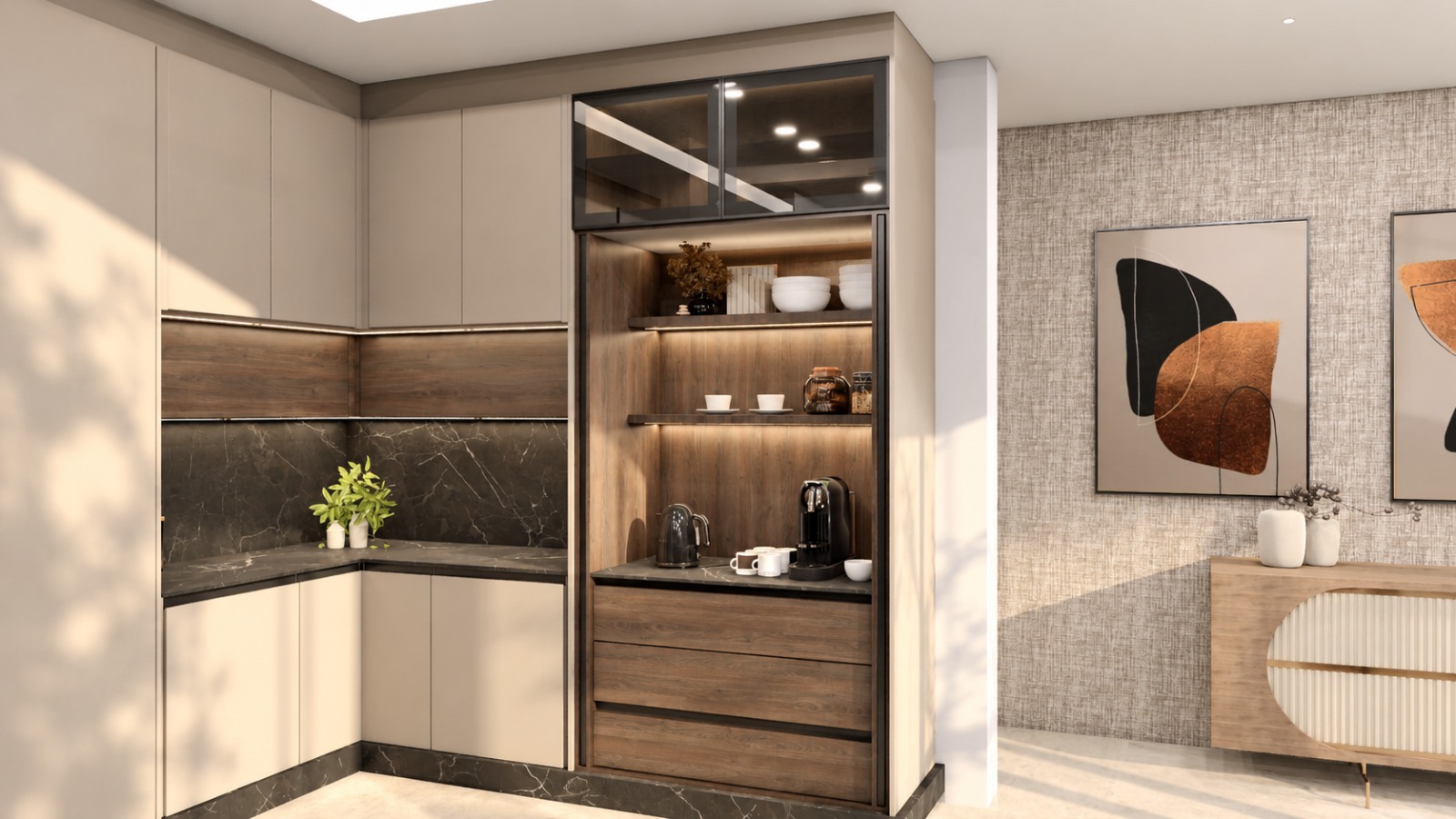 Corner run with tall glass display cabinet