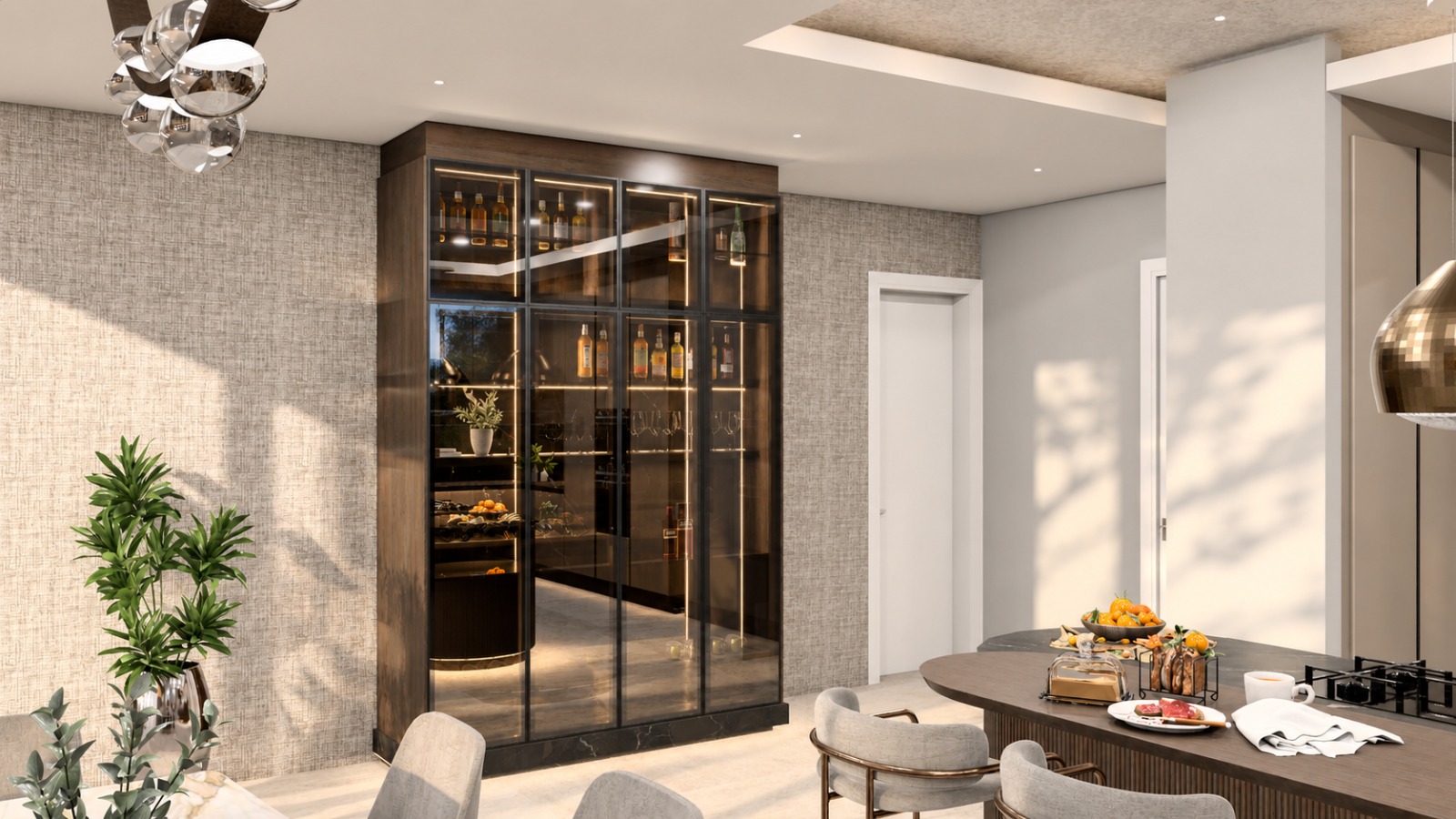 Bar cabinet with glass doors closed