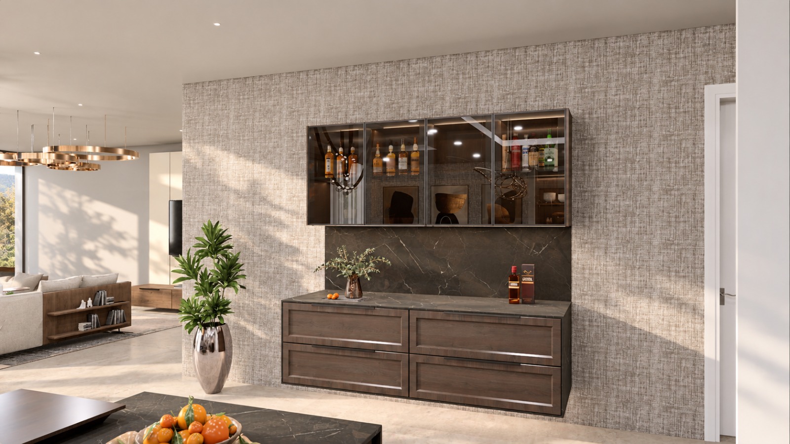 Bar wall — glass-fronted display over drawer storage