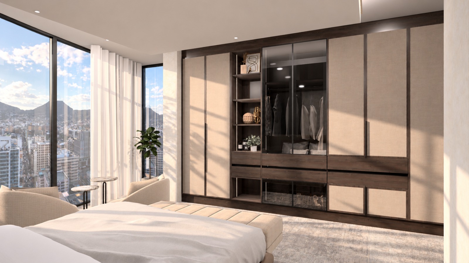 Main bedroom — wardrobe wall with glass display section