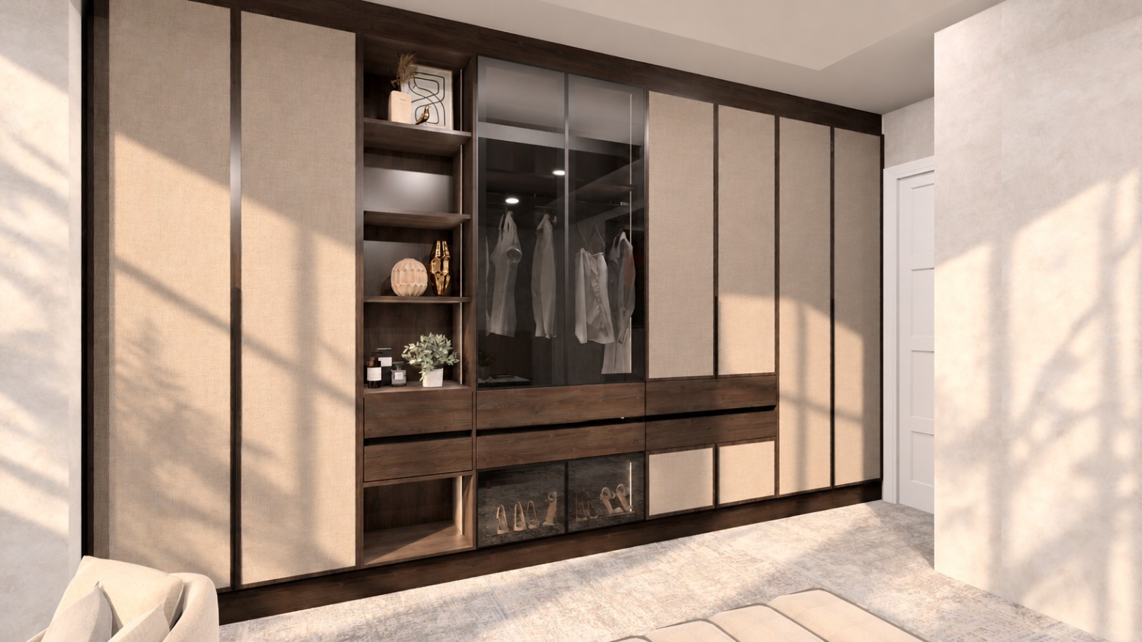 Main en-suite — double vanity with tall display cabinet