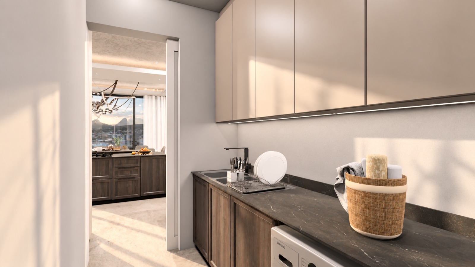 Scullery — wash-up run with laundry appliances