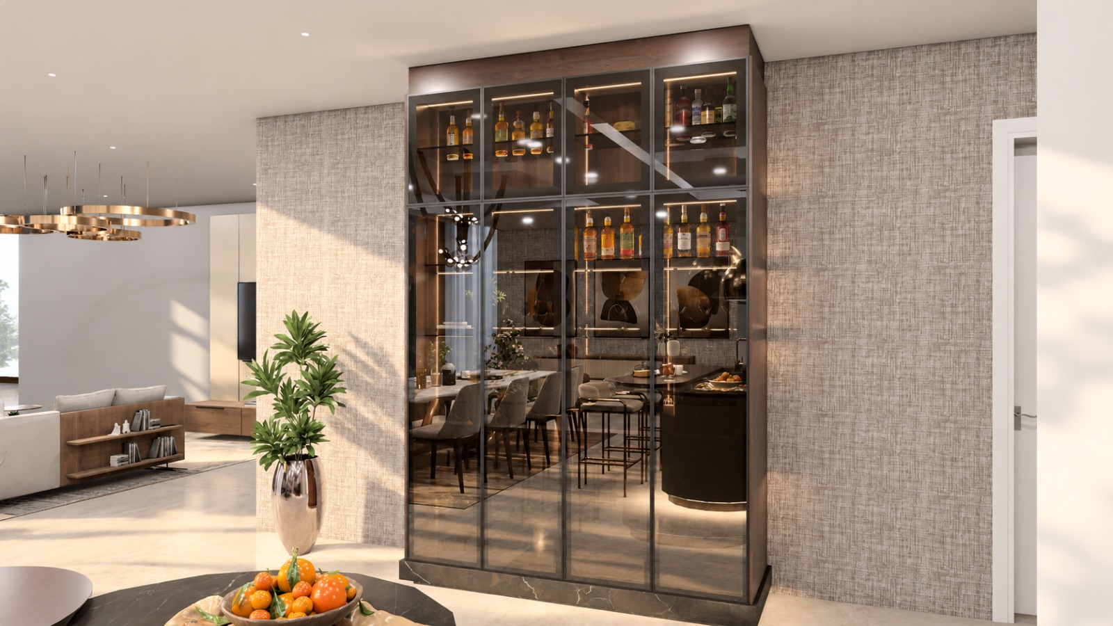 Glass-fronted display cabinet facing the living area