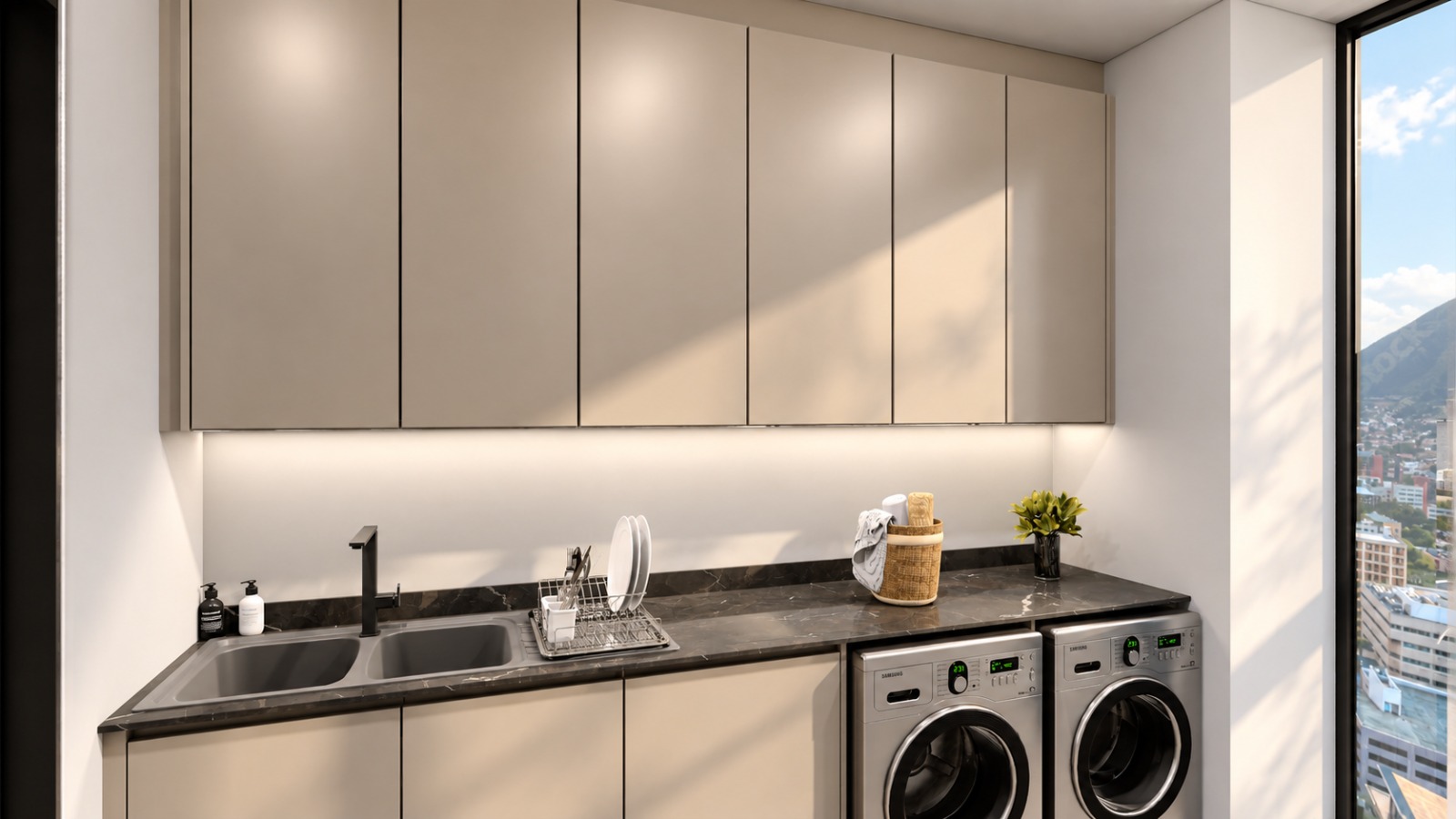 Scullery — wash-up run with laundry appliances