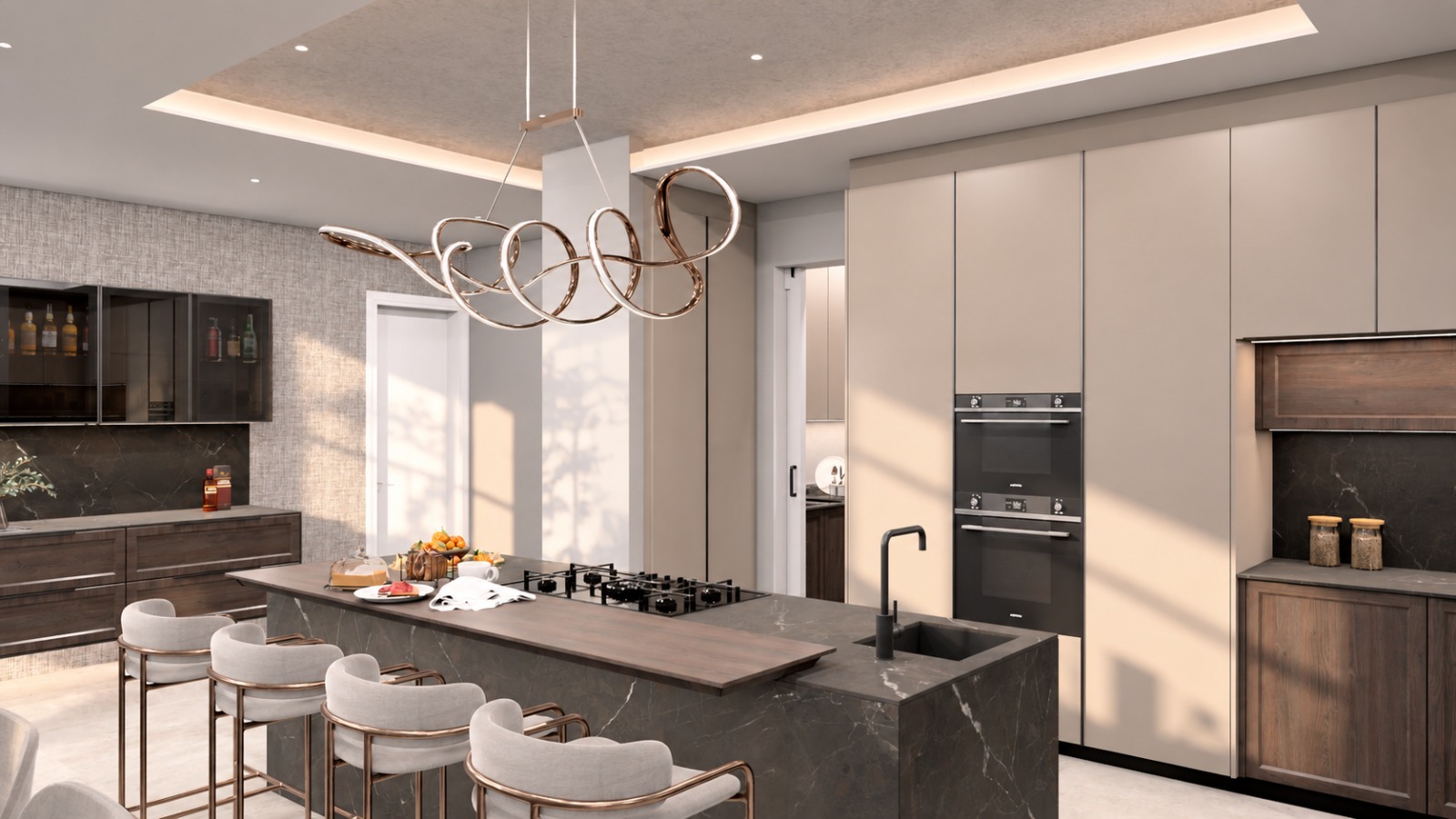 Island with bar seating and glass display cabinetry