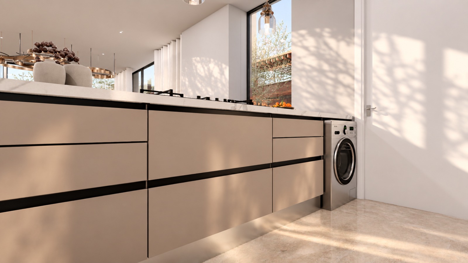 Island reverse with laundry appliance integrated