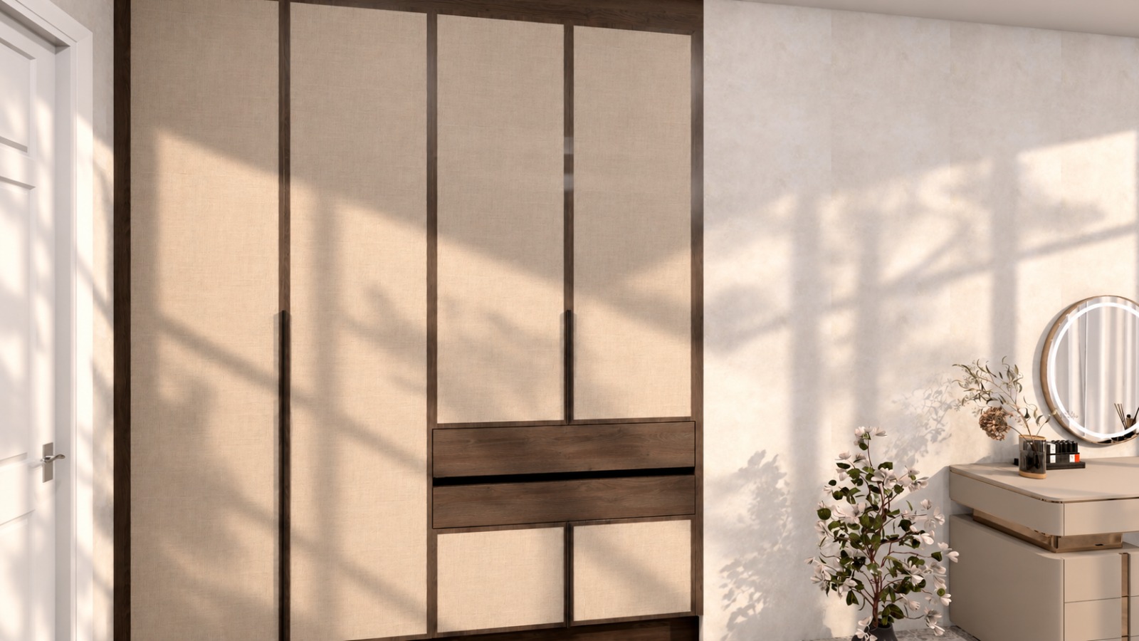 Wardrobe wall with glass display and open shelving