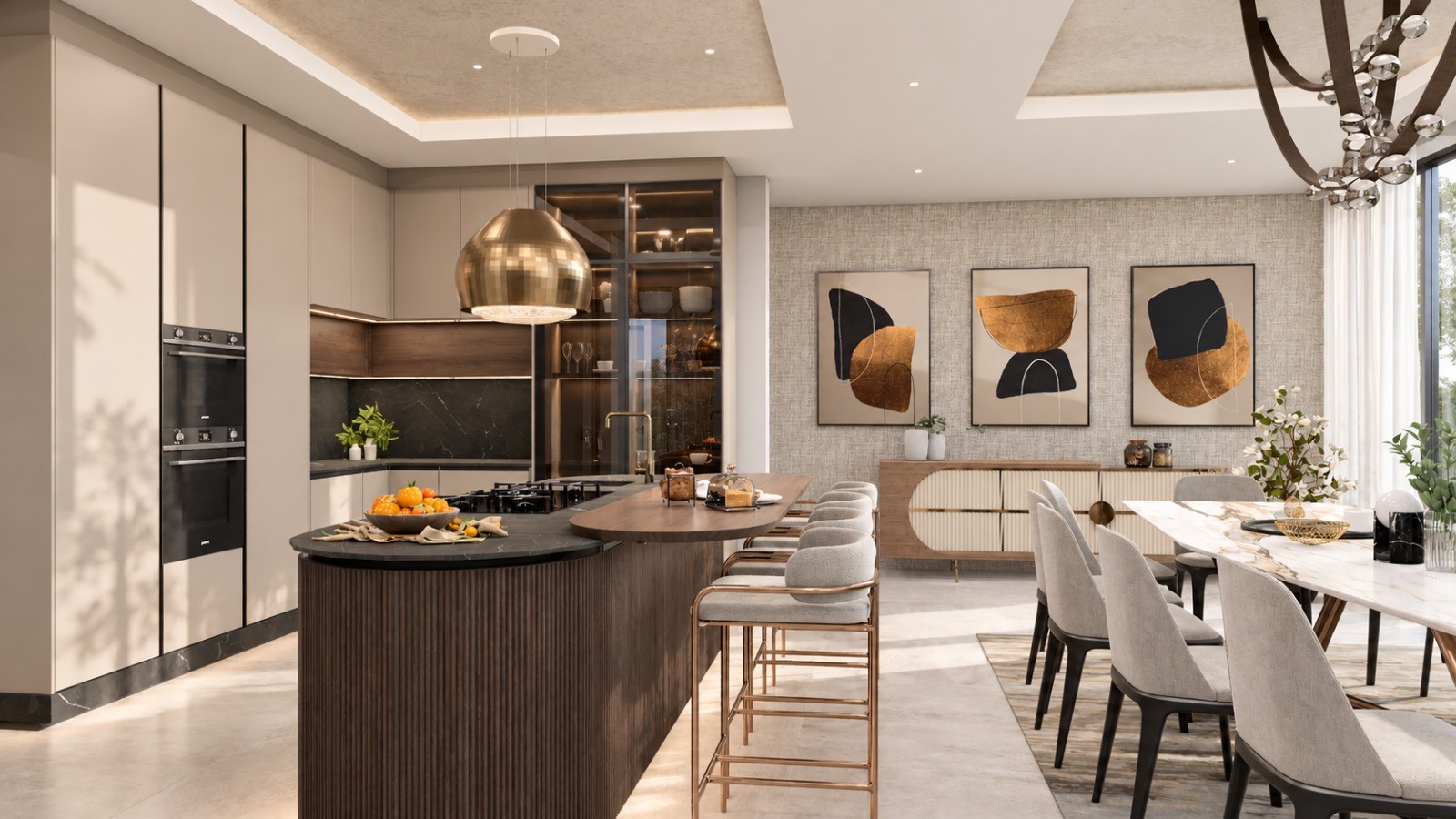 Curved island with bar seating towards the dining area