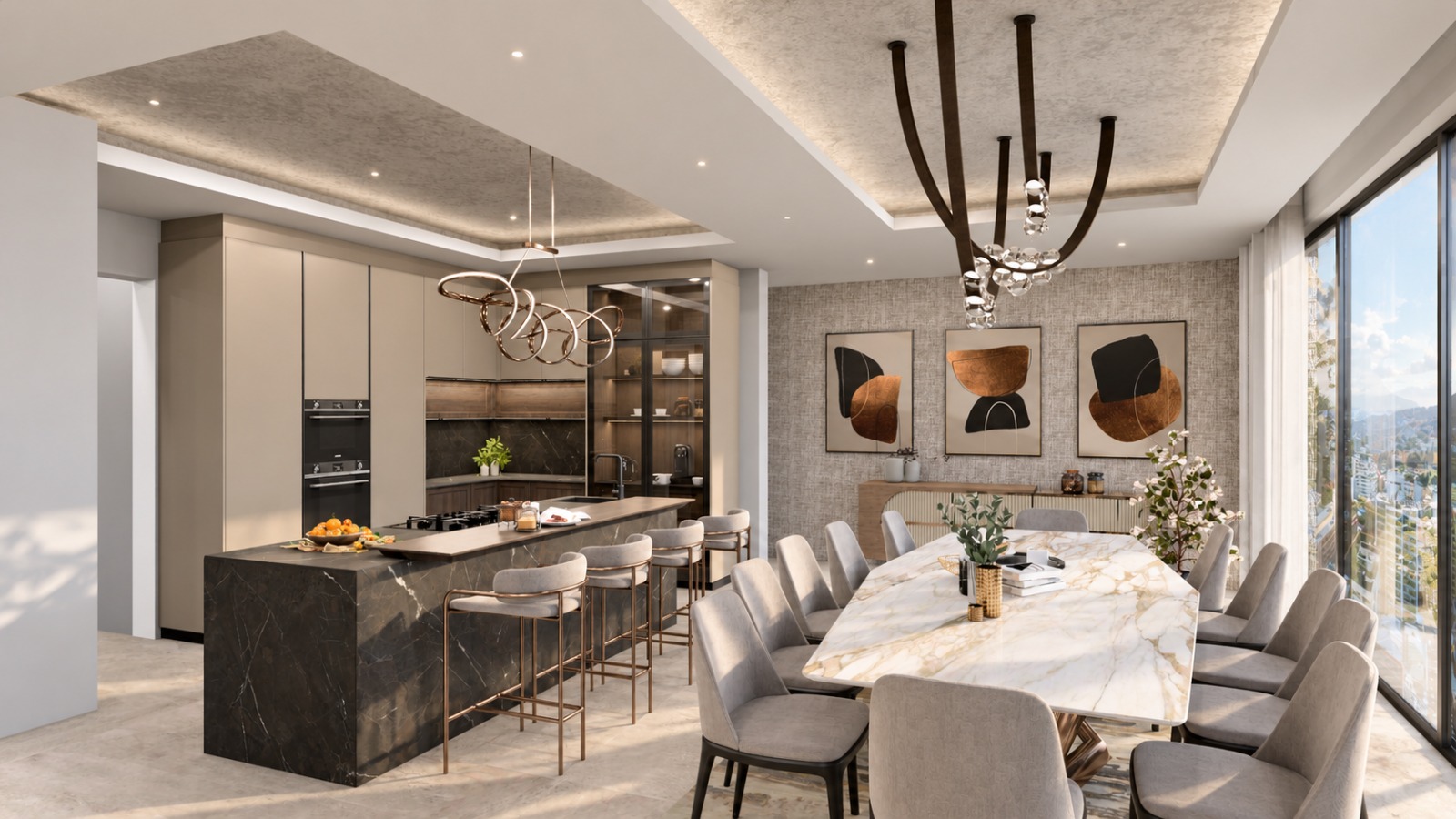 Bar cabinetry against the textured wall finish