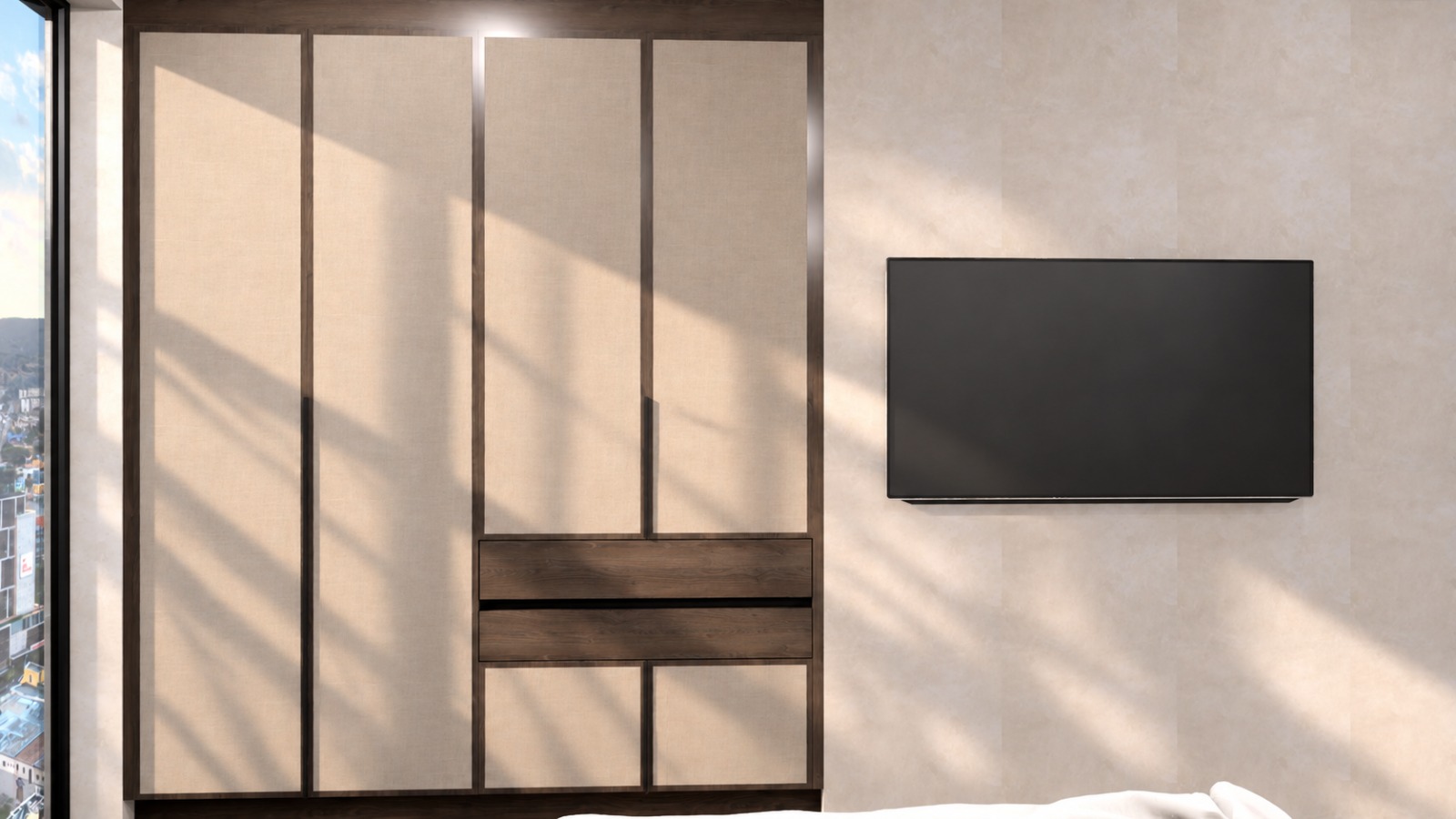Wardrobe with drawer bank beside the dressing table