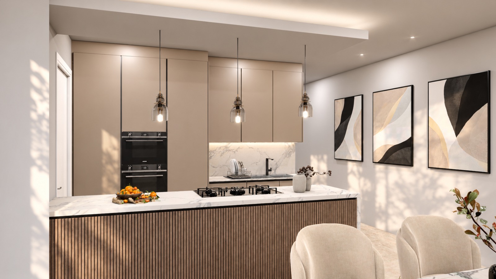 Unit 1 kitchen render showing the island, pendant lighting and tall cabinetry