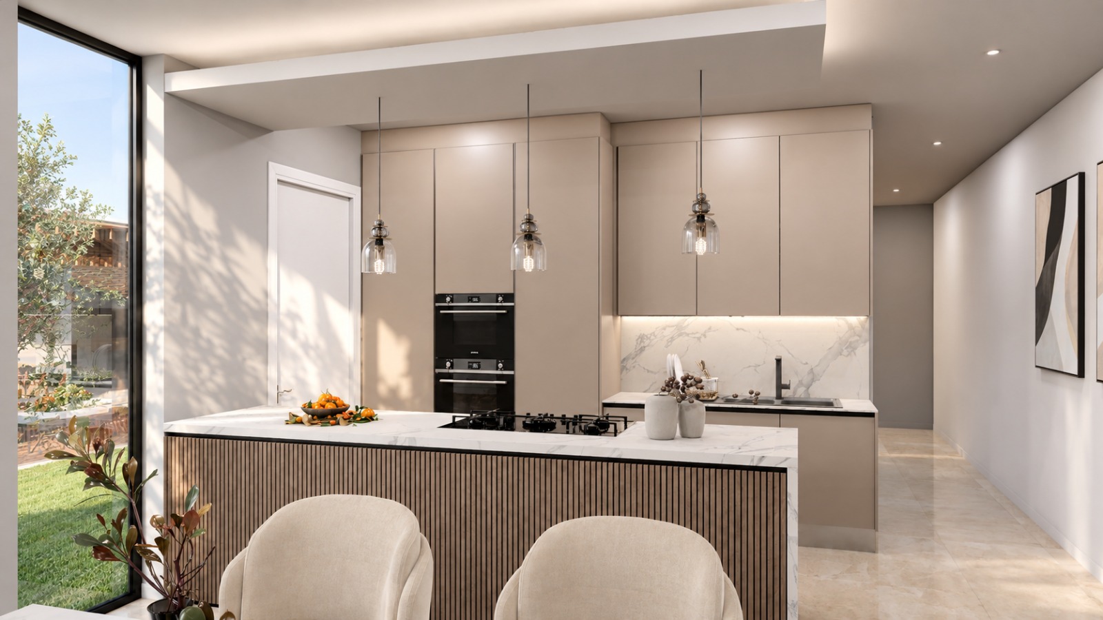 Kitchen — overall view towards the garden