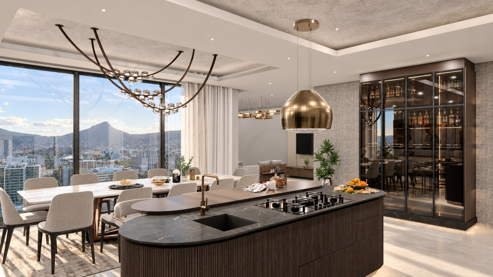 Cooking island with the dining table and mountain view