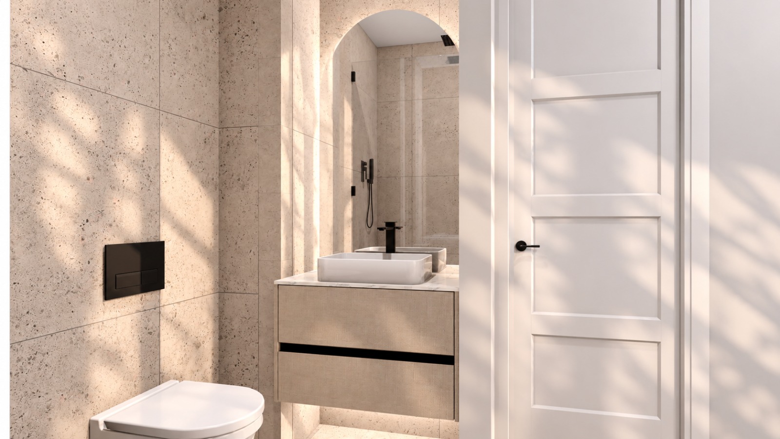 Bathroom — marble-clad walls with floating vanity