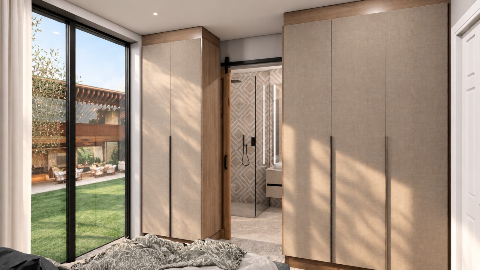 Main bedroom — full-height wardrobes with oak framing